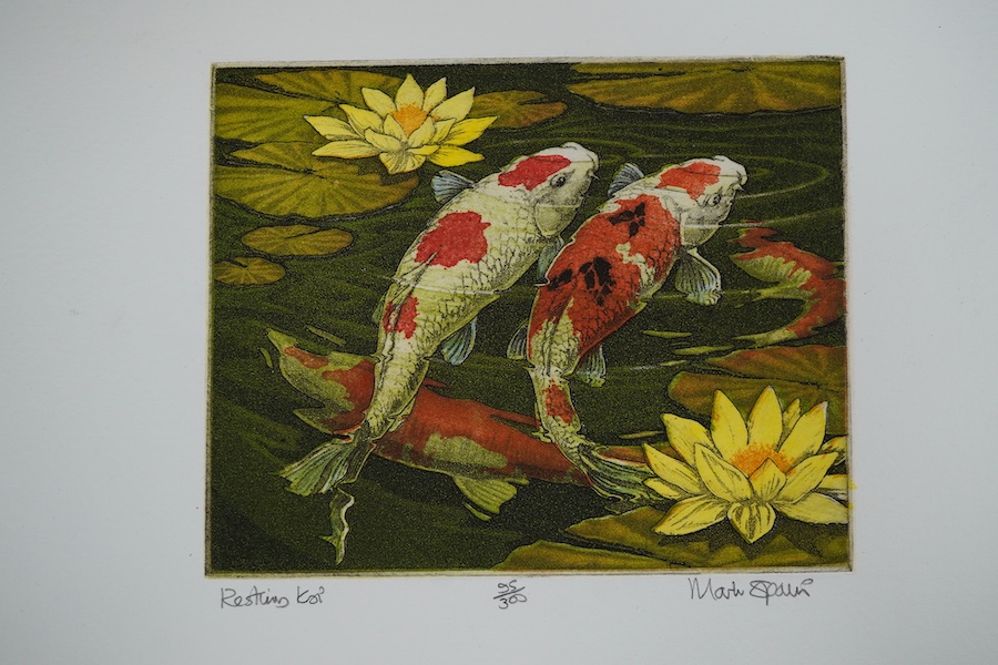 Mark Spain (b.1962), Four etchings with aquatints to include: 'Resting coy' and 'Hogging the moonlight', each signed in pencil, limited edition, unframed, largest 28 x 38cm